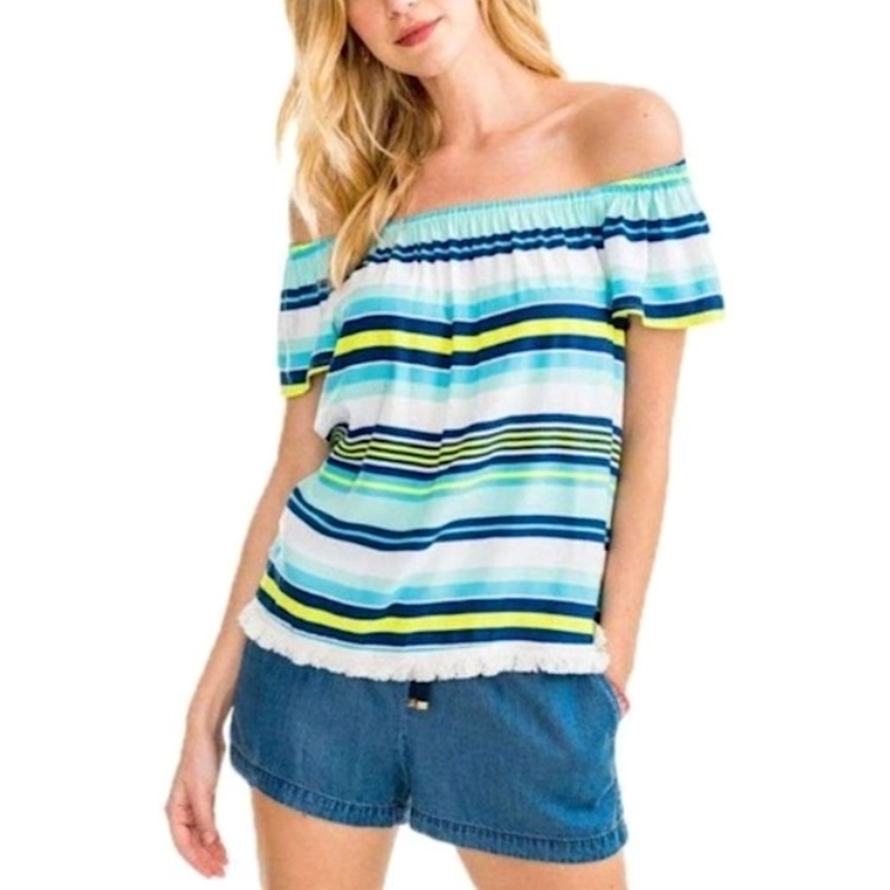 Southern Tide Striped Off the Shoulder Top Fringed blue white citrus SM